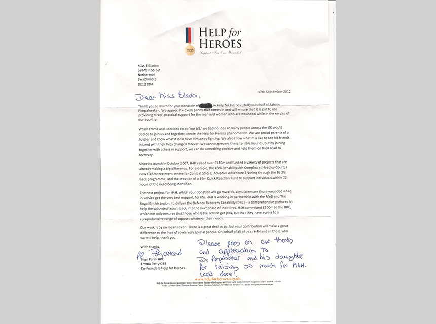 A letter of thanks from Help the Heros for Mr Pimpalnerkar's donation